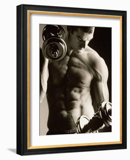 Close-up of a Young Man Working Out with Dumbbells-null-Framed Photographic Print