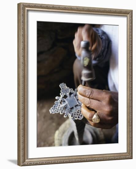 Close-Up of Blacksmith's Hands Working on Metal Cross, Axoum (Axum) (Aksum), Tigre Region, Ethiopia-Bruno Barbier-Framed Photographic Print