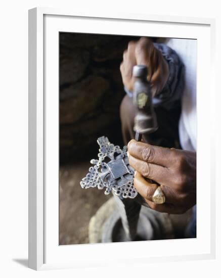 Close-Up of Blacksmith's Hands Working on Metal Cross, Axoum (Axum) (Aksum), Tigre Region, Ethiopia-Bruno Barbier-Framed Photographic Print