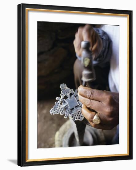 Close-Up of Blacksmith's Hands Working on Metal Cross, Axoum (Axum) (Aksum), Tigre Region, Ethiopia-Bruno Barbier-Framed Photographic Print