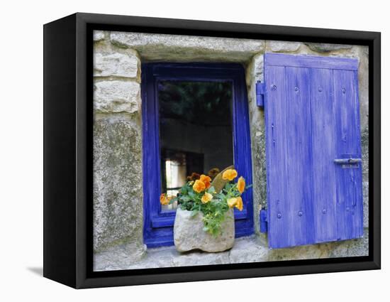 Close-Up of Blue Shutter, Window and Yellow Pansies, Villefranche Sur Mer, Provence, France-Bruno Morandi-Framed Premier Image Canvas