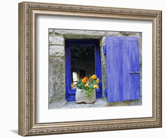 Close-Up of Blue Shutter, Window and Yellow Pansies, Villefranche Sur Mer, Provence, France-Bruno Morandi-Framed Photographic Print