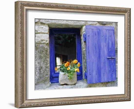 Close-Up of Blue Shutter, Window and Yellow Pansies, Villefranche Sur Mer, Provence, France-Bruno Morandi-Framed Photographic Print