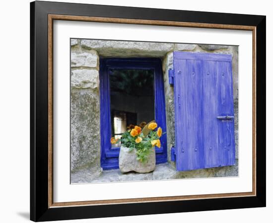 Close-Up of Blue Shutter, Window and Yellow Pansies, Villefranche Sur Mer, Provence, France-Bruno Morandi-Framed Photographic Print