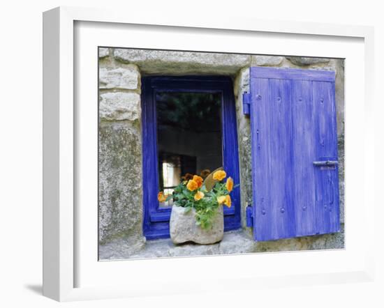 Close-Up of Blue Shutter, Window and Yellow Pansies, Villefranche Sur Mer, Provence, France-Bruno Morandi-Framed Photographic Print