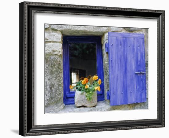 Close-Up of Blue Shutter, Window and Yellow Pansies, Villefranche Sur Mer, Provence, France-Bruno Morandi-Framed Photographic Print