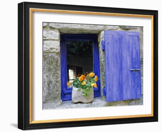 Close-Up of Blue Shutter, Window and Yellow Pansies, Villefranche Sur Mer, Provence, France-Bruno Morandi-Framed Photographic Print