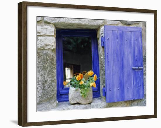 Close-Up of Blue Shutter, Window and Yellow Pansies, Villefranche Sur Mer, Provence, France-Bruno Morandi-Framed Photographic Print