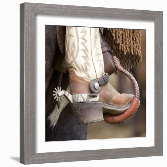 Close-Up of Cowboy Boot and Spurs at Sombrero Ranch, Craig, Colorado, USA-Carol Walker-Framed Photographic Print