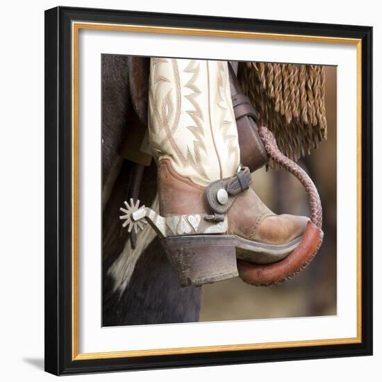 Close-Up of Cowboy Boot and Spurs at Sombrero Ranch, Craig, Colorado, USA-Carol Walker-Framed Photographic Print