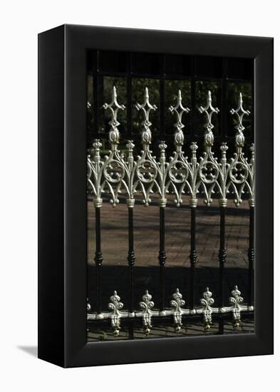 Close Up of Elaborate White Finials on Black Metal Railings-Natalie Tepper-Framed Stretched Canvas