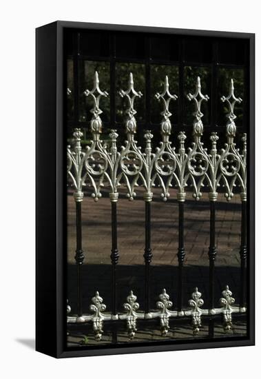 Close Up of Elaborate White Finials on Black Metal Railings-Natalie Tepper-Framed Stretched Canvas
