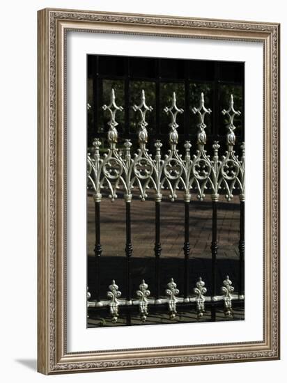 Close Up of Elaborate White Finials on Black Metal Railings-Natalie Tepper-Framed Photo