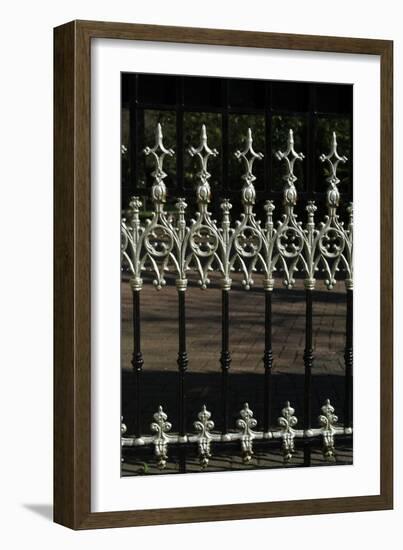 Close Up of Elaborate White Finials on Black Metal Railings-Natalie Tepper-Framed Photo