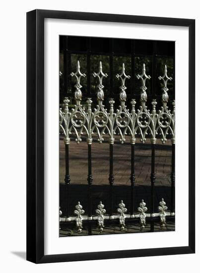 Close Up of Elaborate White Finials on Black Metal Railings-Natalie Tepper-Framed Photo