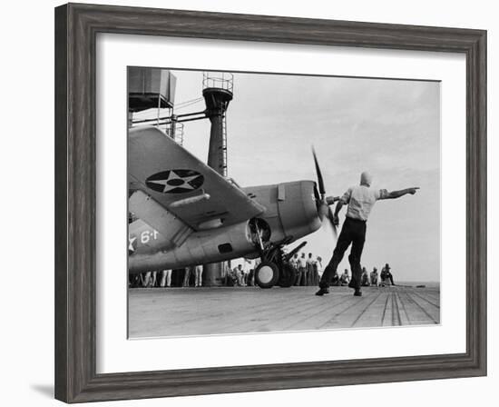 Close Up of Fighter Plane Before Takeoff from Flight Deck of Aircraft Carrier "Enterprise"-Peter Stackpole-Framed Photographic Print