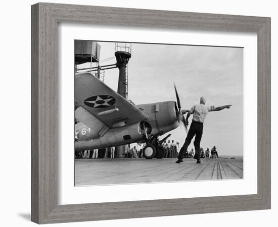Close Up of Fighter Plane Before Takeoff from Flight Deck of Aircraft Carrier "Enterprise"-Peter Stackpole-Framed Photographic Print