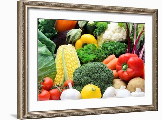 Close up of Fresh Raw Organic Vegetable Produce, Assortment of Corn, Peppers, Broccoli, Mushrooms,-warrengoldswain-Framed Photographic Print