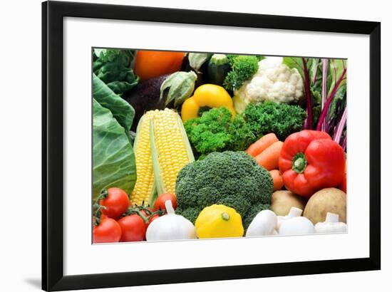 Close up of Fresh Raw Organic Vegetable Produce, Assortment of Corn, Peppers, Broccoli, Mushrooms,-warrengoldswain-Framed Photographic Print