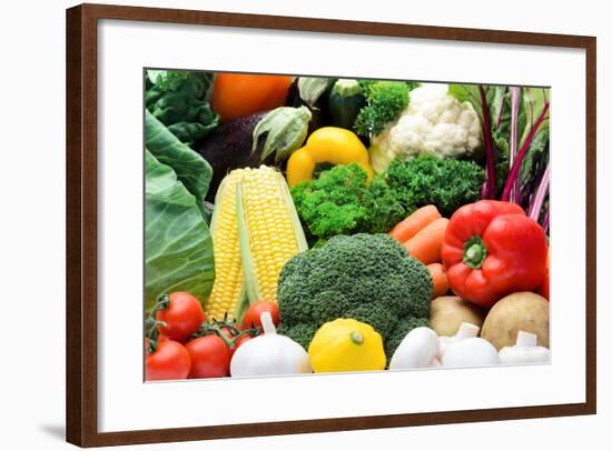 Close up of Fresh Raw Organic Vegetable Produce, Assortment of Corn, Peppers, Broccoli, Mushrooms,-warrengoldswain-Framed Photographic Print