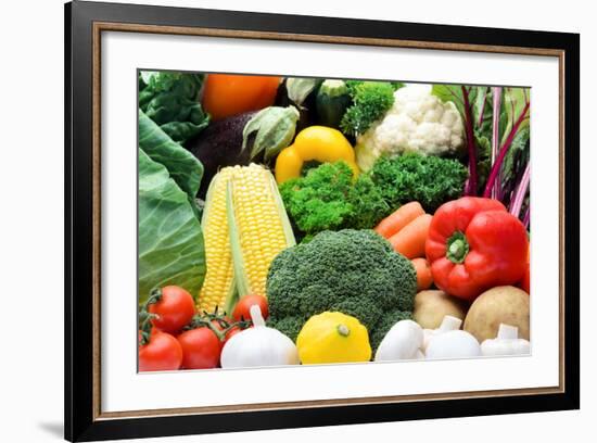 Close up of Fresh Raw Organic Vegetable Produce, Assortment of Corn, Peppers, Broccoli, Mushrooms,-warrengoldswain-Framed Photographic Print