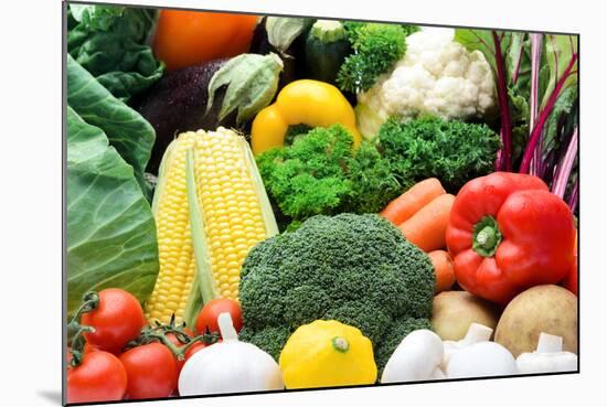 Close up of Fresh Raw Organic Vegetable Produce, Assortment of Corn, Peppers, Broccoli, Mushrooms,-warrengoldswain-Mounted Photographic Print