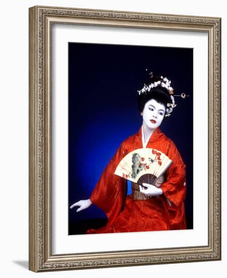 Close-up of Geisha Girl in Blue with Fan, Kyoto, Japan-Bill Bachmann-Framed Photographic Print