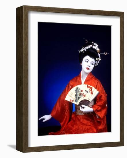 Close-up of Geisha Girl in Blue with Fan, Kyoto, Japan-Bill Bachmann-Framed Photographic Print