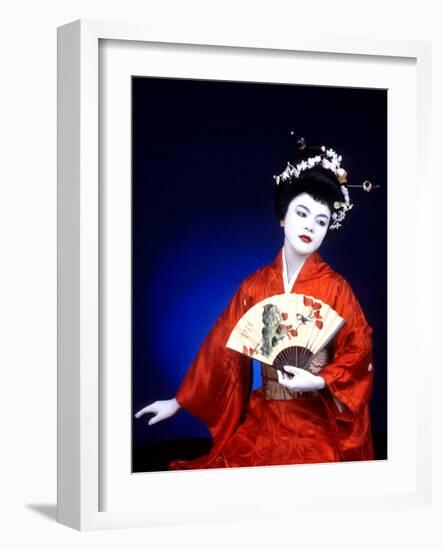 Close-up of Geisha Girl in Blue with Fan, Kyoto, Japan-Bill Bachmann-Framed Photographic Print