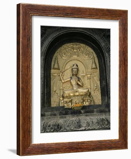 Close-up of Gold Relief Carving of Manjushri, Bodhgaya (Bodh Gaya), Bihar State, India, Asia-James Gritz-Framed Photographic Print