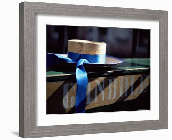 Close-up of Gondolier's Straw Hat and Blue Ribbon, Venice, Veneto, Italy, Europe-Oliviero Olivieri-Framed Photographic Print