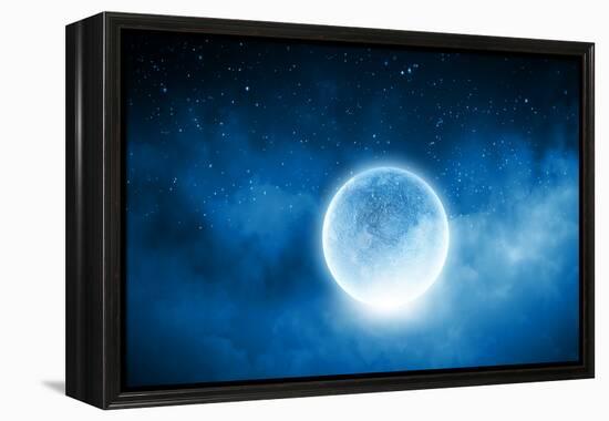 Close up of Human Hand Holding Blue Glowing Moon-Sergey Nivens-Framed Premier Image Canvas