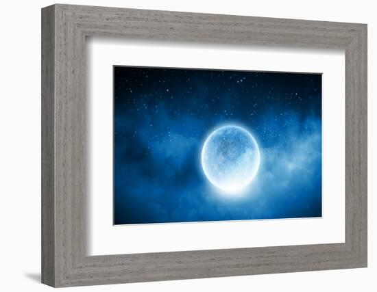 Close up of Human Hand Holding Blue Glowing Moon-Sergey Nivens-Framed Photographic Print