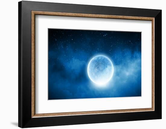 Close up of Human Hand Holding Blue Glowing Moon-Sergey Nivens-Framed Photographic Print