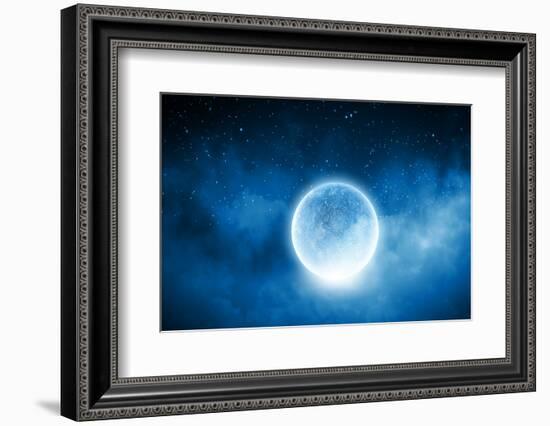 Close up of Human Hand Holding Blue Glowing Moon-Sergey Nivens-Framed Photographic Print