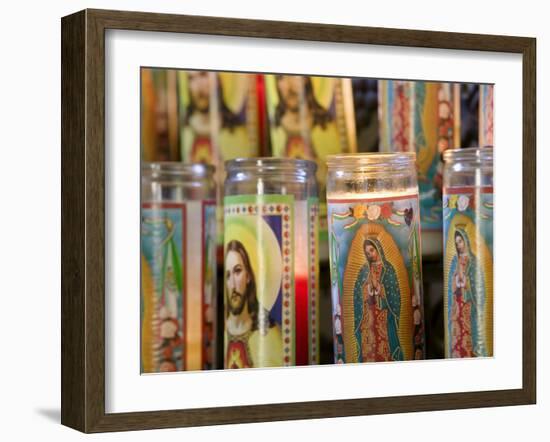 Close-up of Jesus Christ and Virgin Mary on Candle Holders, Mission San Jose, San Antonio-null-Framed Photographic Print