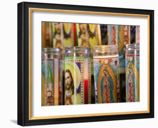 Close-up of Jesus Christ and Virgin Mary on Candle Holders, Mission San Jose, San Antonio-null-Framed Photographic Print