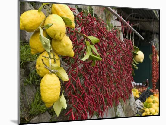 Close-up of Lemons and Chili Peppers in a Market Stall, Sorrento, Naples, Campania, Italy-null-Mounted Photographic Print