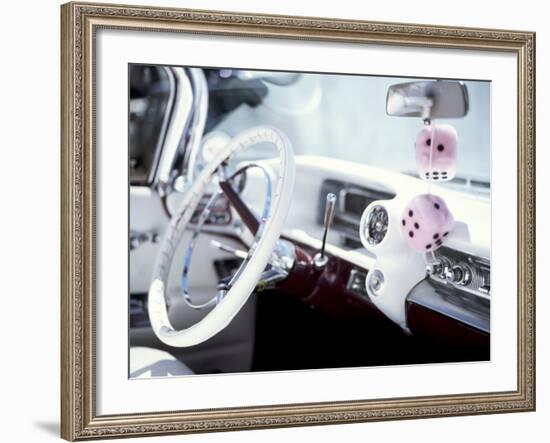 Close-Up of Steering Wheel and Interior of a Pink Cadillac Car-Mark Chivers-Framed Photographic Print