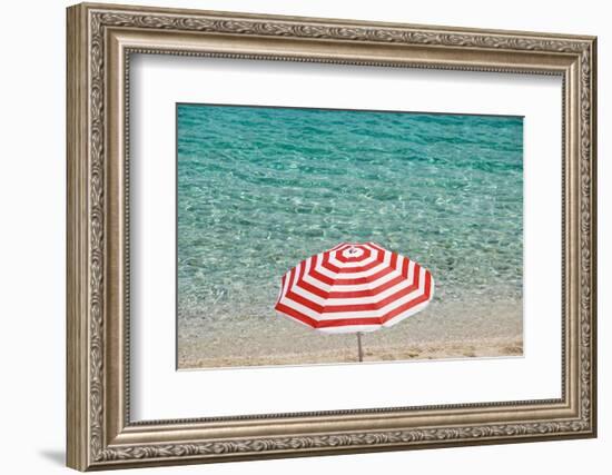 Close up of Striped Beach Umbrella near Sea, San Vito Lo Capo, Sicily, Italy-Massimo Borchi-Framed Photographic Print