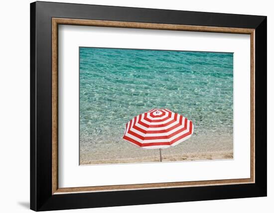 Close up of Striped Beach Umbrella near Sea, San Vito Lo Capo, Sicily, Italy-Massimo Borchi-Framed Photographic Print