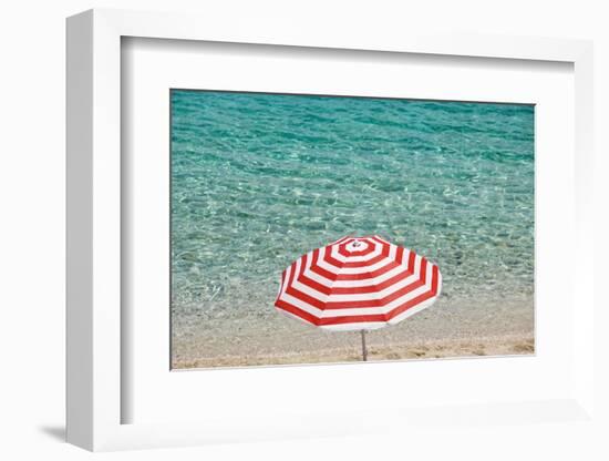 Close up of Striped Beach Umbrella near Sea, San Vito Lo Capo, Sicily, Italy-Massimo Borchi-Framed Photographic Print