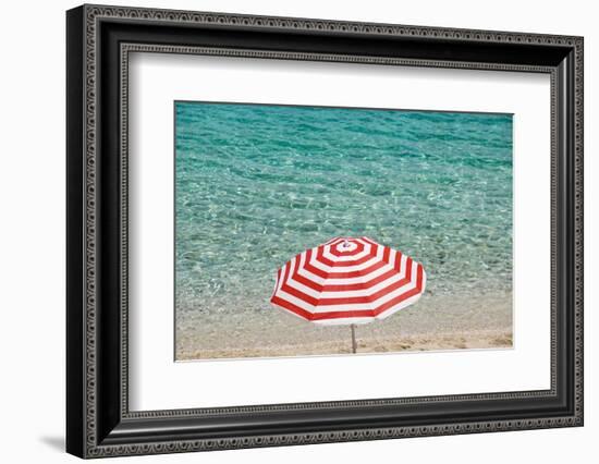 Close up of Striped Beach Umbrella near Sea, San Vito Lo Capo, Sicily, Italy-Massimo Borchi-Framed Photographic Print