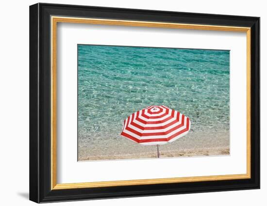 Close up of Striped Beach Umbrella near Sea, San Vito Lo Capo, Sicily, Italy-Massimo Borchi-Framed Photographic Print