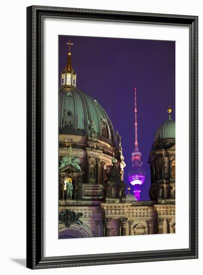 Close-Up of the Berliner Dom (Cathedral) with the Television Tower in the Background at Night-Miles Ertman-Framed Photographic Print