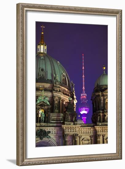 Close-Up of the Berliner Dom (Cathedral) with the Television Tower in the Background at Night-Miles Ertman-Framed Photographic Print