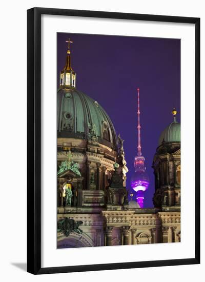 Close-Up of the Berliner Dom (Cathedral) with the Television Tower in the Background at Night-Miles Ertman-Framed Photographic Print