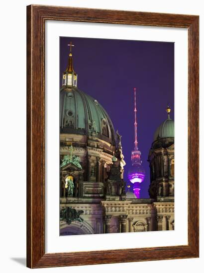 Close-Up of the Berliner Dom (Cathedral) with the Television Tower in the Background at Night-Miles Ertman-Framed Photographic Print