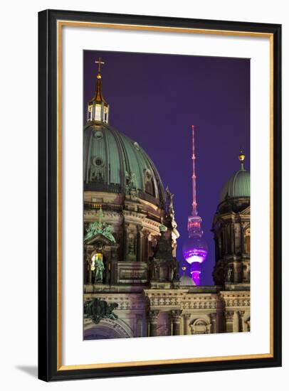 Close-Up of the Berliner Dom (Cathedral) with the Television Tower in the Background at Night-Miles Ertman-Framed Photographic Print