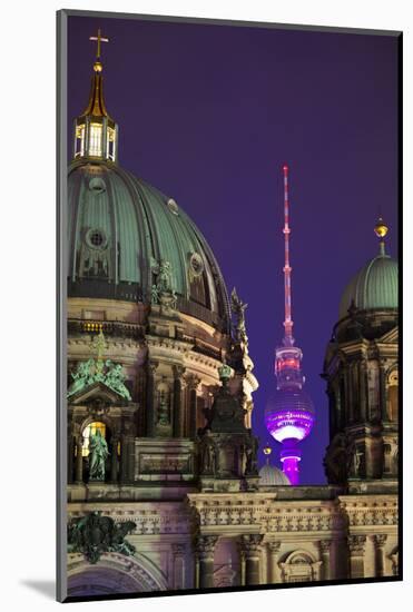 Close-Up of the Berliner Dom (Cathedral) with the Television Tower in the Background at Night-Miles Ertman-Mounted Photographic Print